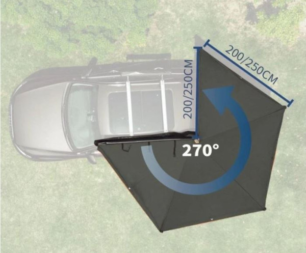 Markýza samonosná na auto vějířová 270° černá 2,5m na levou stranu 2